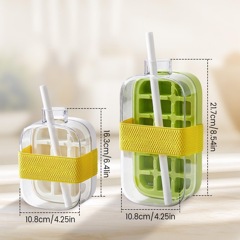 Ice Cube Bottle 2 in 1, Silicone Ice Tray for Home Ice Making with Lid and Straw