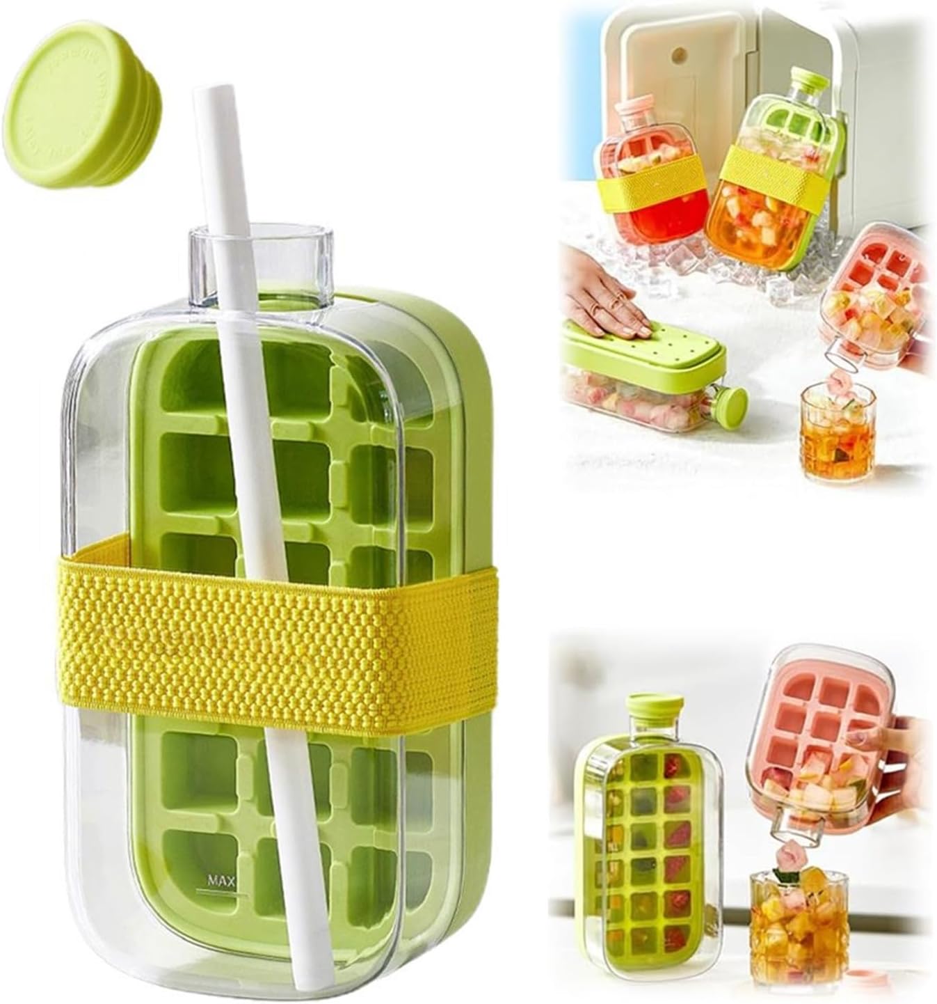 Ice Cube Bottle 2 in 1, Silicone Ice Tray for Home Ice Making with Lid and Straw
