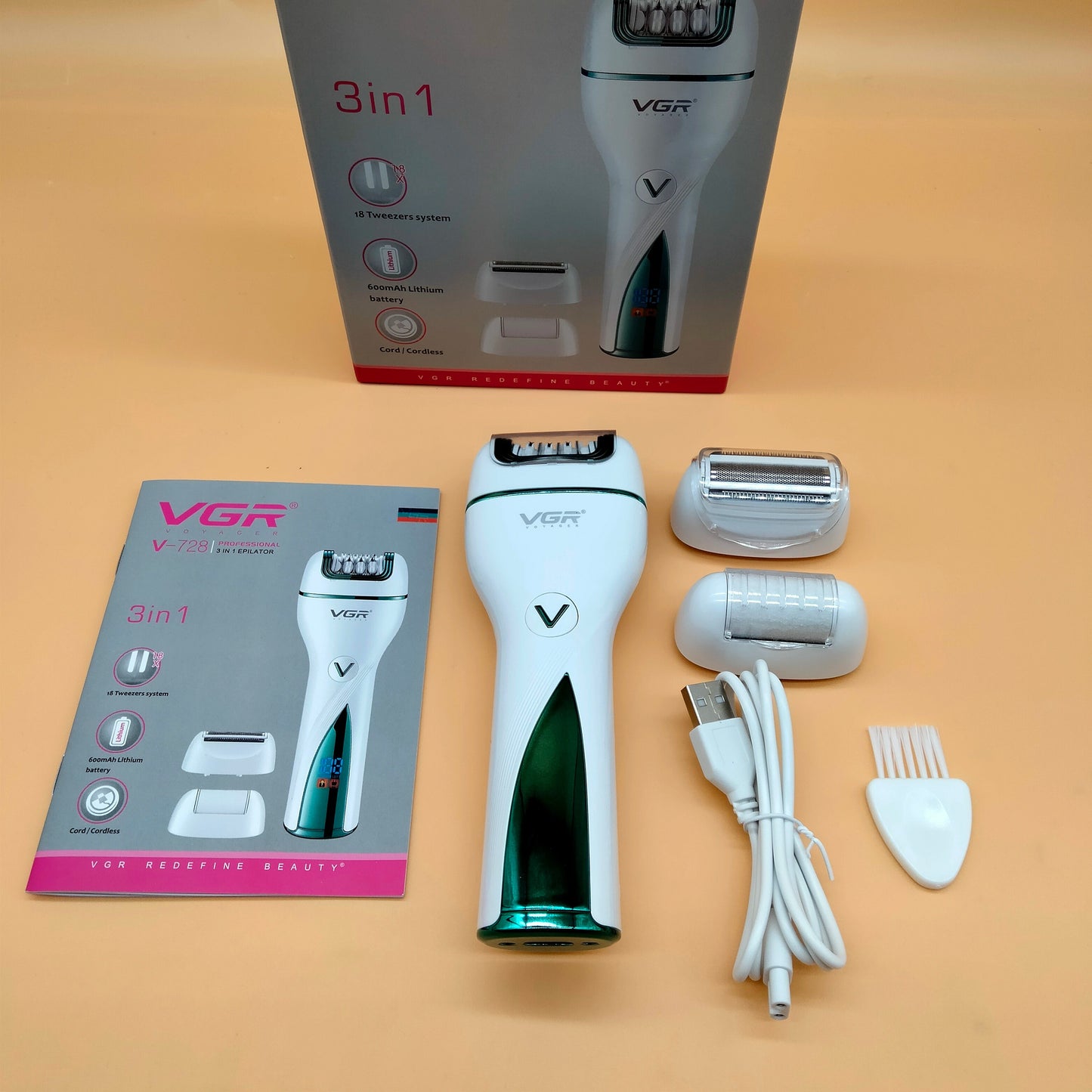 VGR 3in1 Rechargeable Women Epilator Female Hair Removal-Callus Remover