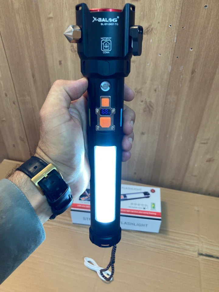 Rechargeable LED 1 KM Range Multi-Functional Flashlight- Lighter + Double Cells
