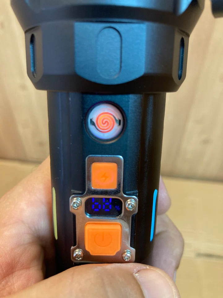 Rechargeable LED 1 KM Range Multi-Functional Flashlight- Lighter + Double Cells