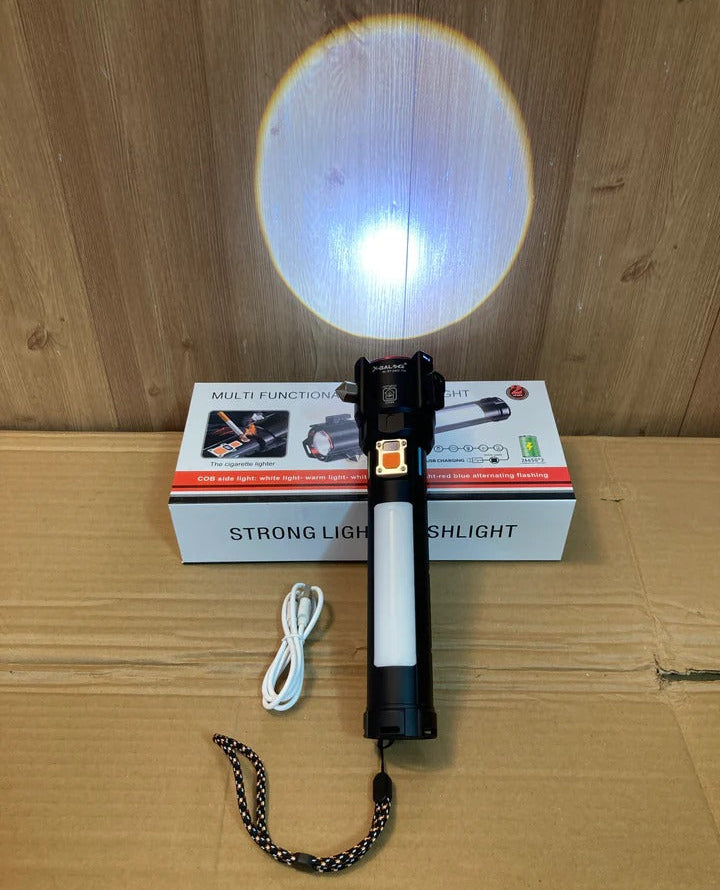 Rechargeable LED 1 KM Range Multi-Functional Flashlight- Lighter + Double Cells