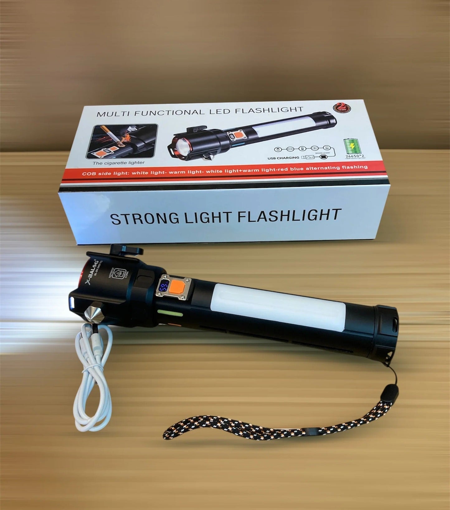 Rechargeable LED 1 KM Range Multi-Functional Flashlight- Lighter + Double Cells
