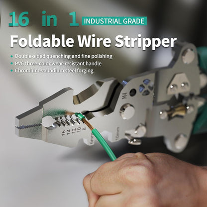 16 in 1 Foldable Wire Stripper and Crimper, Durable Cable Cutter and Stripping Tools