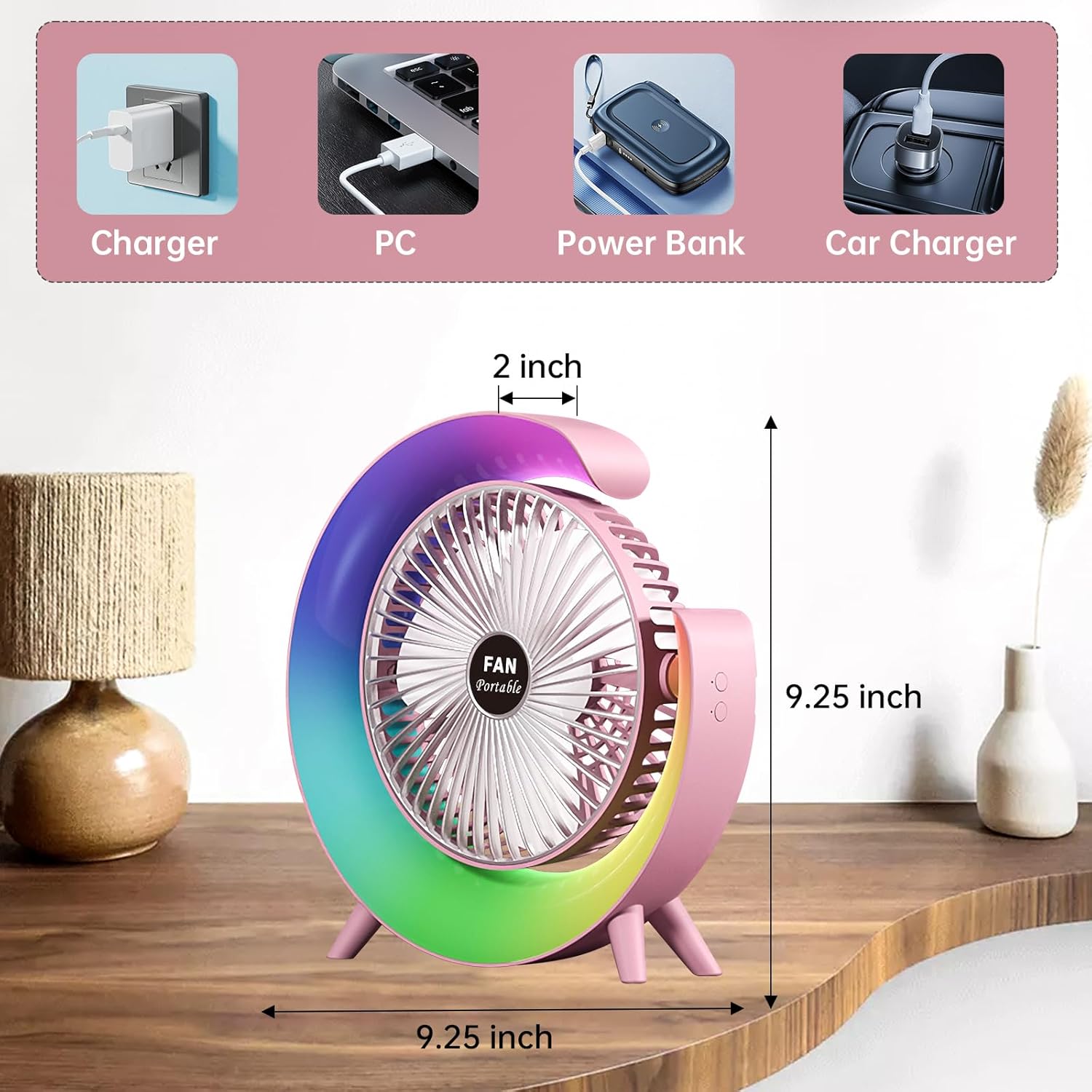 USB Rechargeable Desktop Fan With RGB Lights SaQiBuy